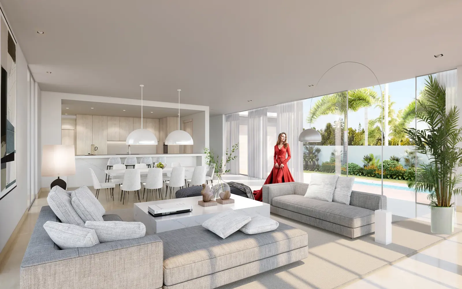 Exterior view of modern luxury villas at Reem Hills Abu Dhabi with lush green landscaping, private swimming pools, and contemporary architecture under a bright blue sky.